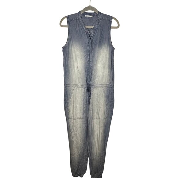 Zenana Chambray Denim Sleeveless Jumpsuit Womens S Pockets Lightweight Soft - Picture 1 of 12
